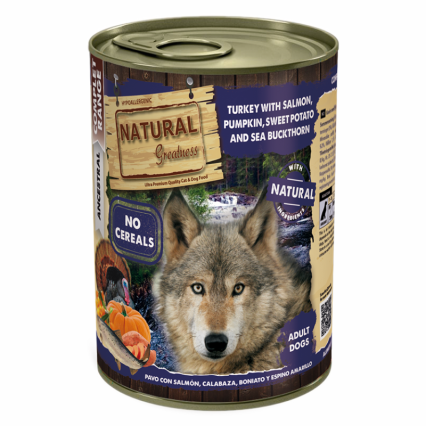 natural greatnes lata pavo y salmon con calabaza para perro